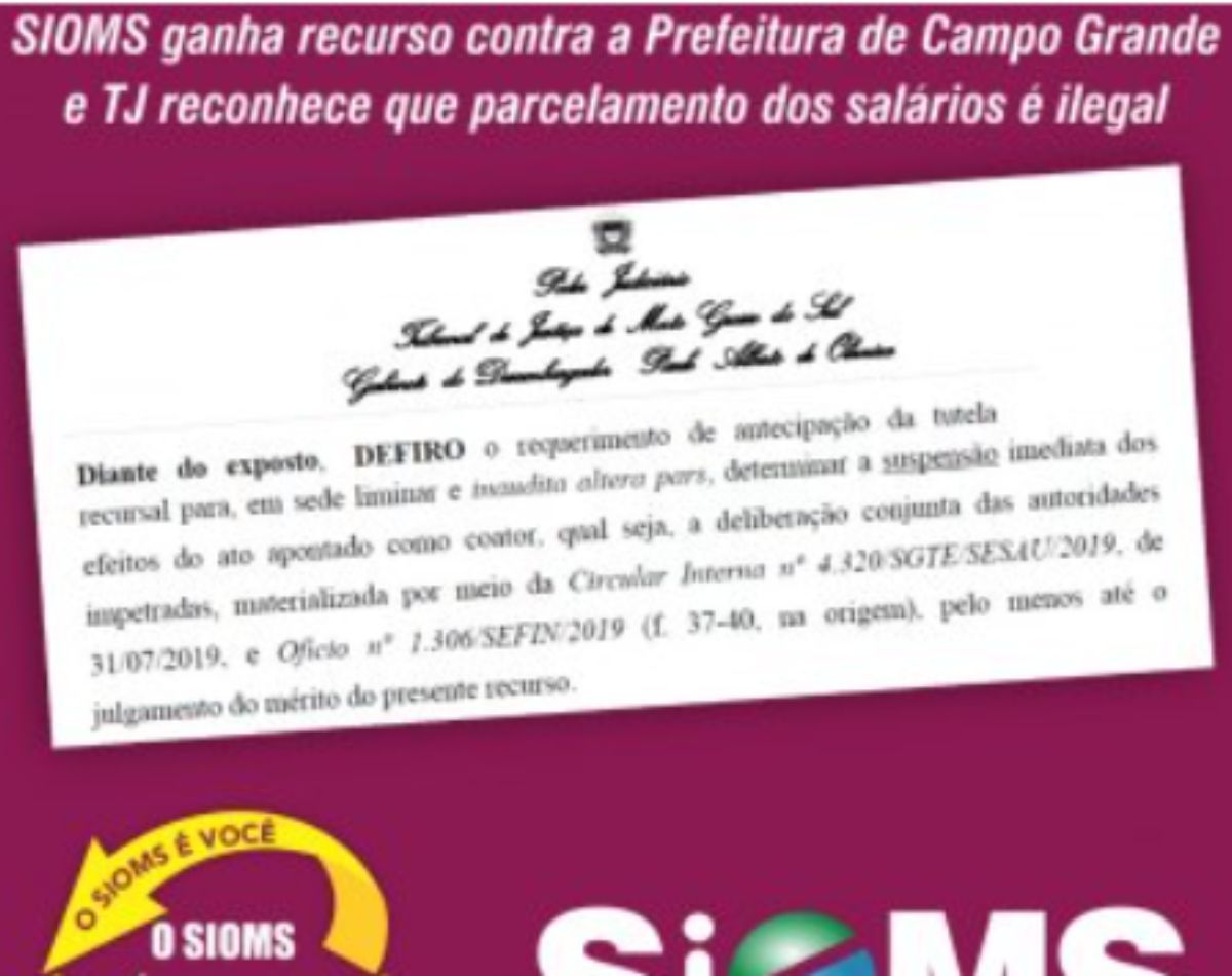 Sioms ganha recurso contra parcelamento de salários pela Prefeitura de Campo Grande